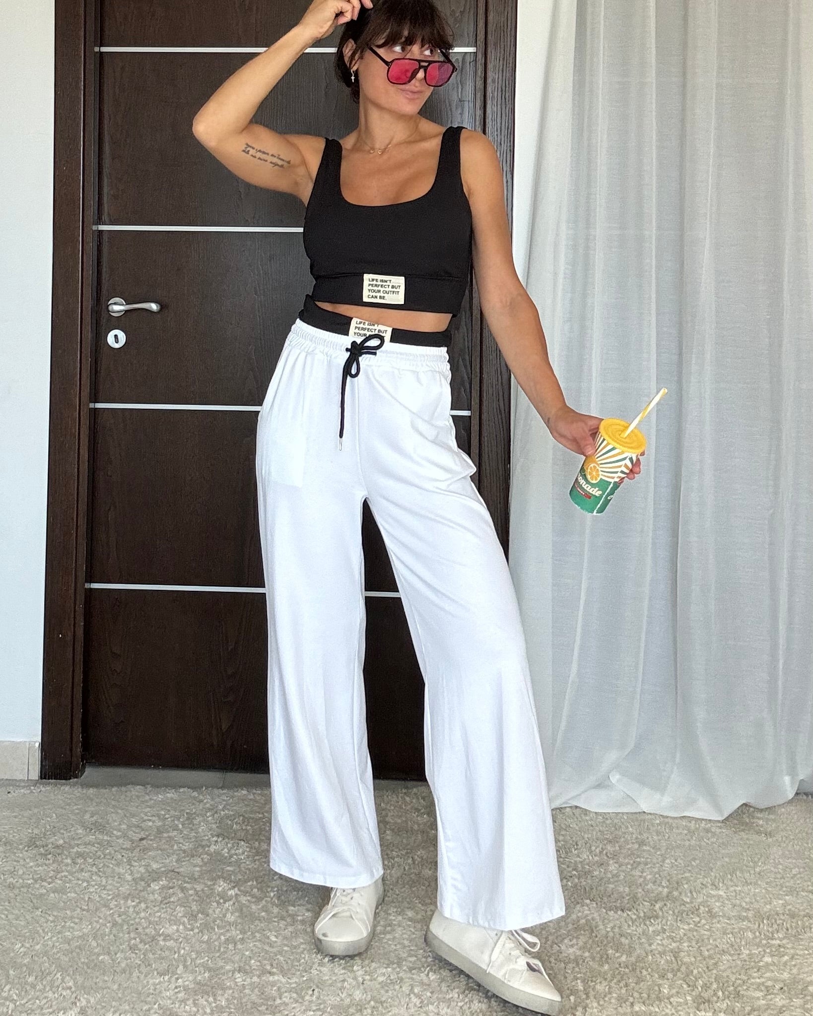 Coordinato Set Gym top e pantalone 100% cotone nero/white