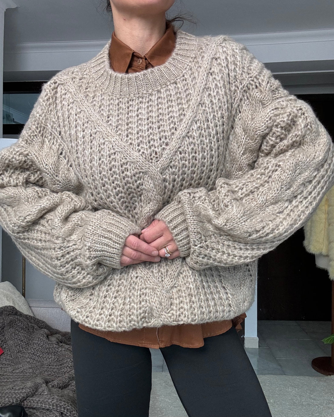 Pullover maxi  lana intrecciata fango