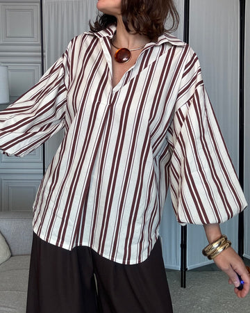 Camicia blusa 100% cotone panna e marrone
