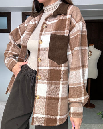 Camicia maxi in flanella beige e marrone