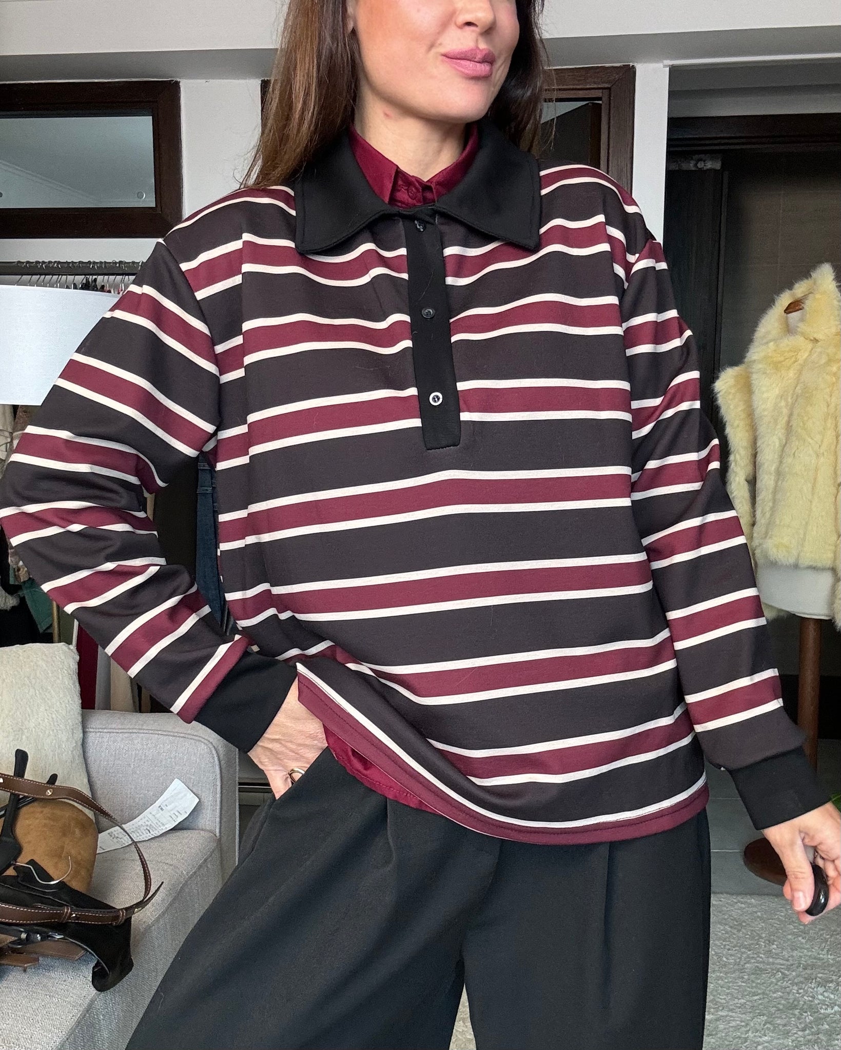 Polo a righe felpata bordeaux, nera e panna