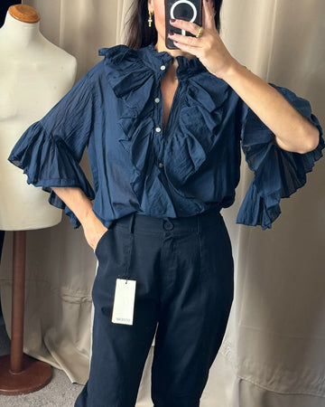 Camicia con rouches 100% cotone blu