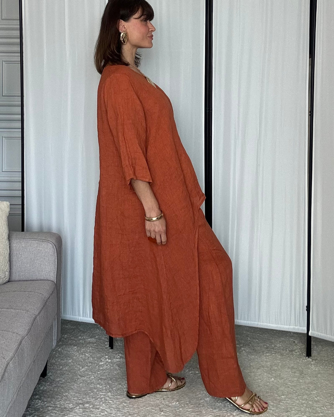 Completo in 100% Lino tunica e pantalone coccio Made in Ital
