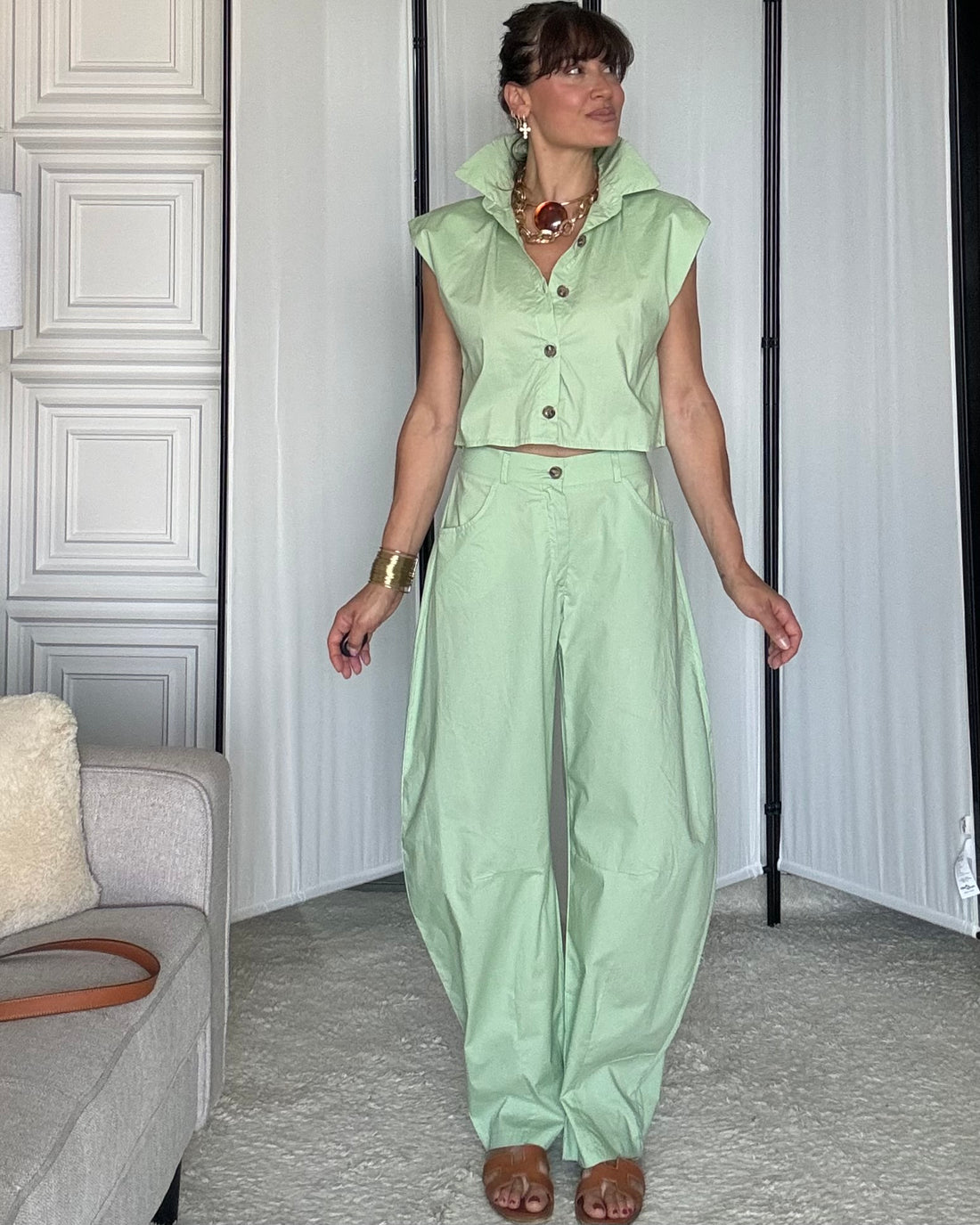 Coordinato 100% cotone gilet cropped e pantalone ballon menta