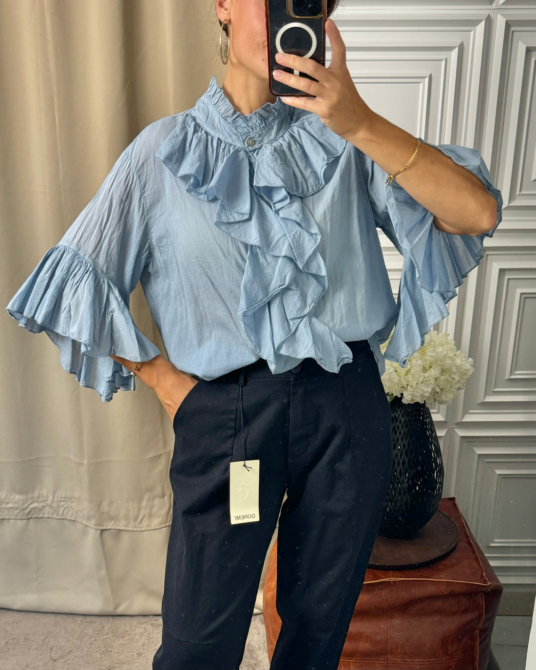 Camicia con rouches 100% cotone azzurra