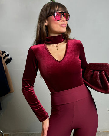 Body con colletto in velluto bordeaux