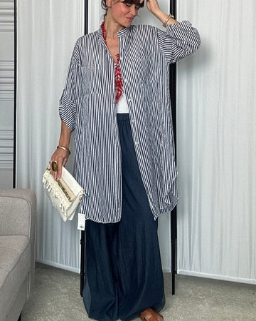 Maxi camicione 100% fresco cotone a righe bianco e blu