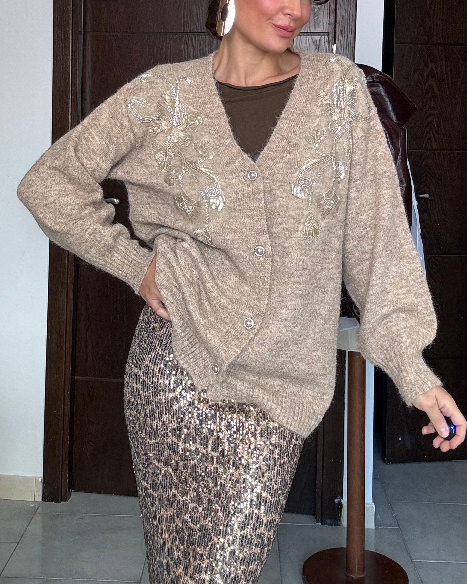 Cardigan misto lana con paillettes champagne