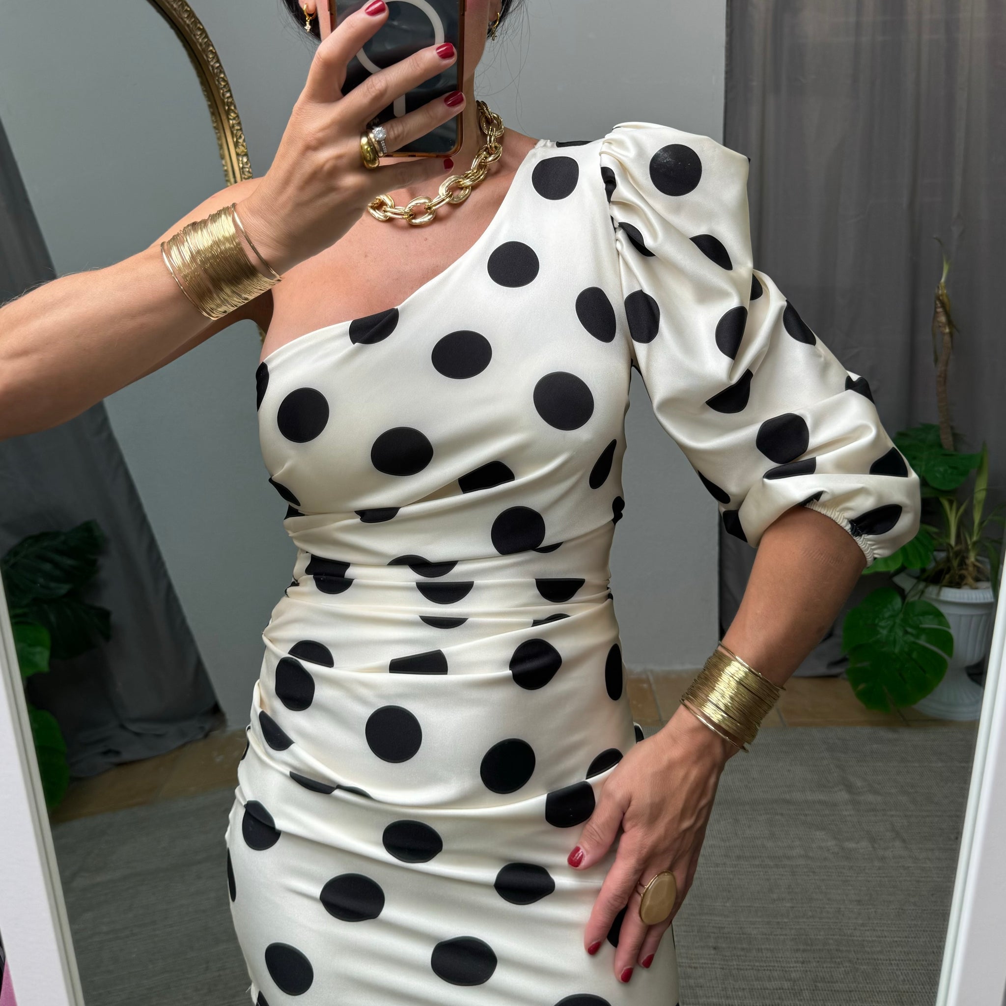 Abito mono spalla a pois top quality panna