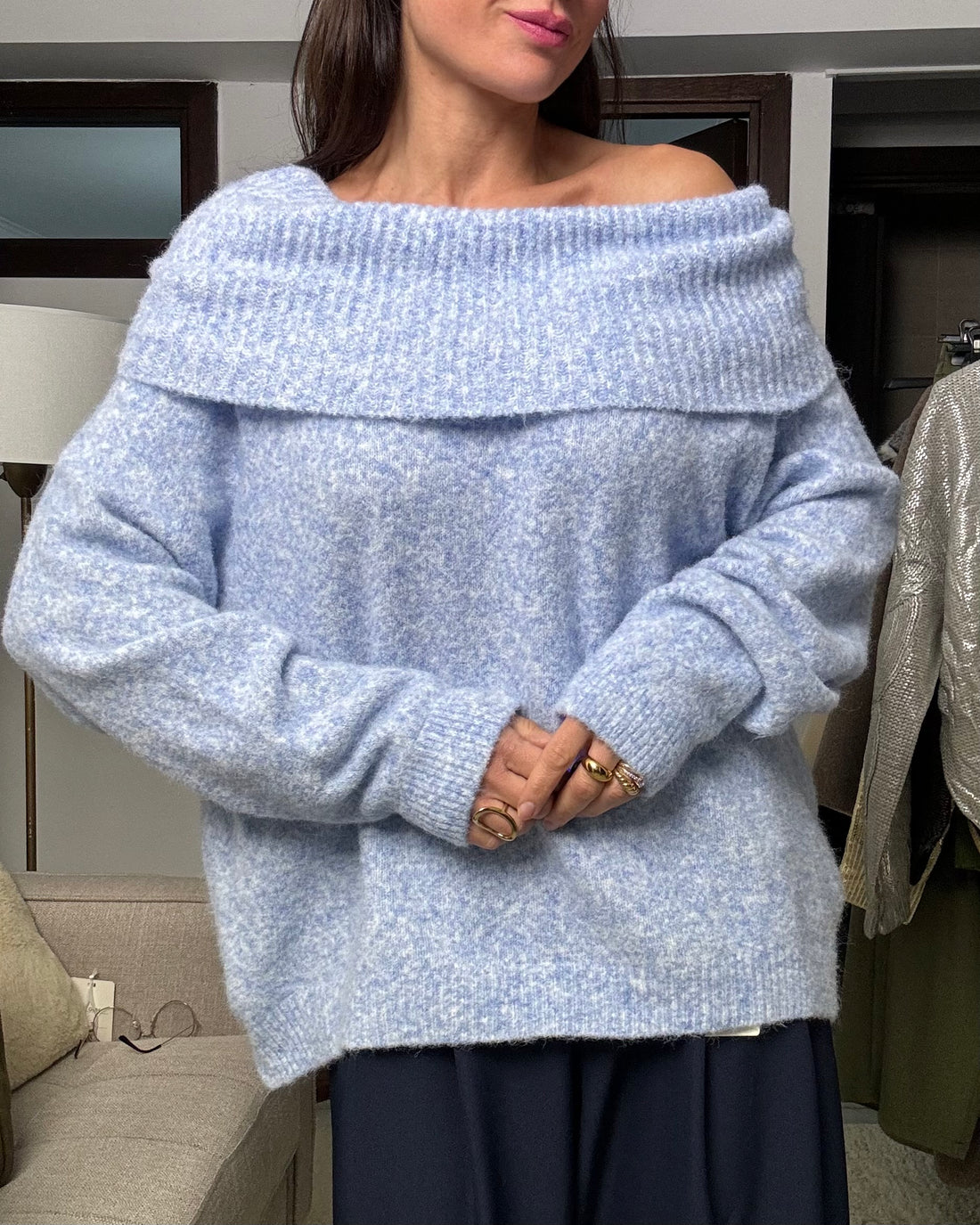 Pullover soffice scollo a barca misto lana azzurro polvere