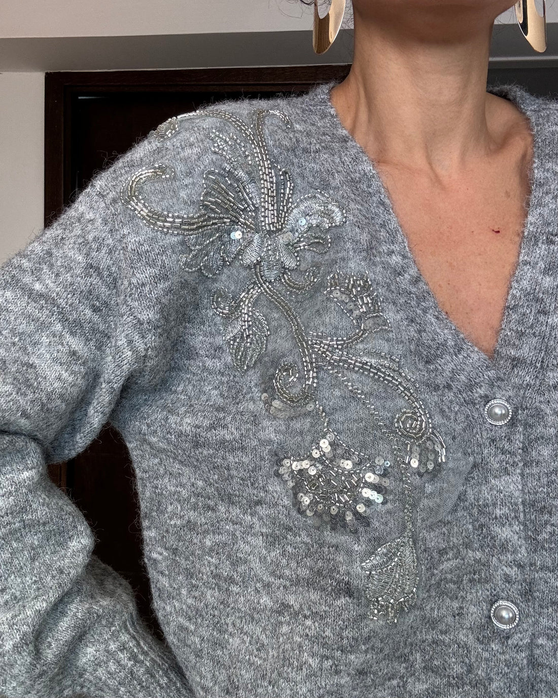 Cardigan misto lana con paillettes grigio