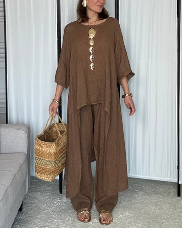 Completo in 100% Lino tunica e pantalone biscotto Made in Ital