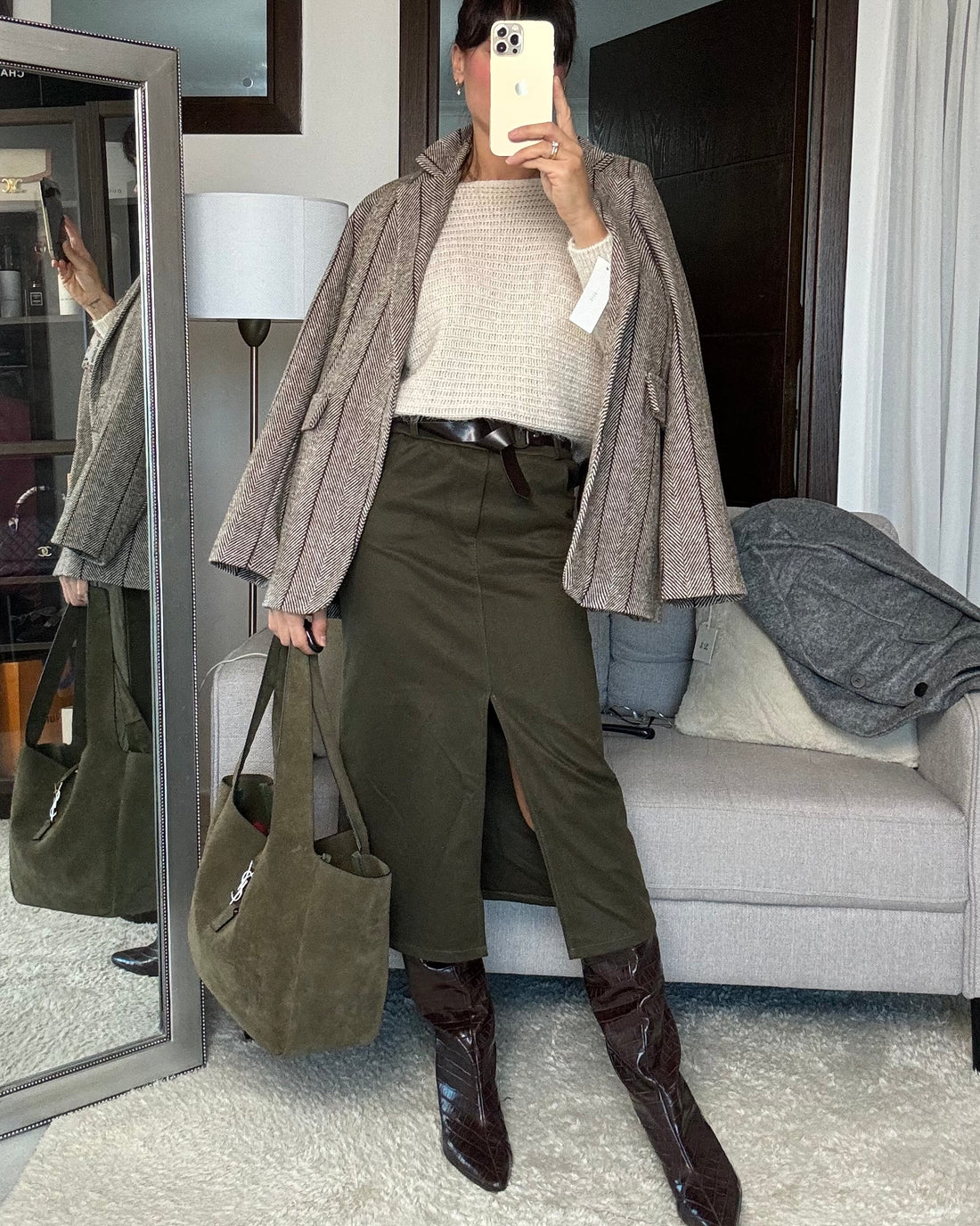 Gonna midi velluto verde oliva