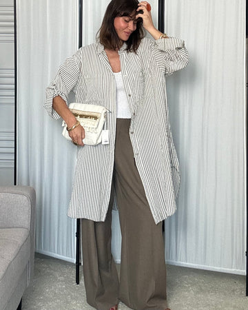 Maxi camicione 100% fresco cotone a righe talpa e beige