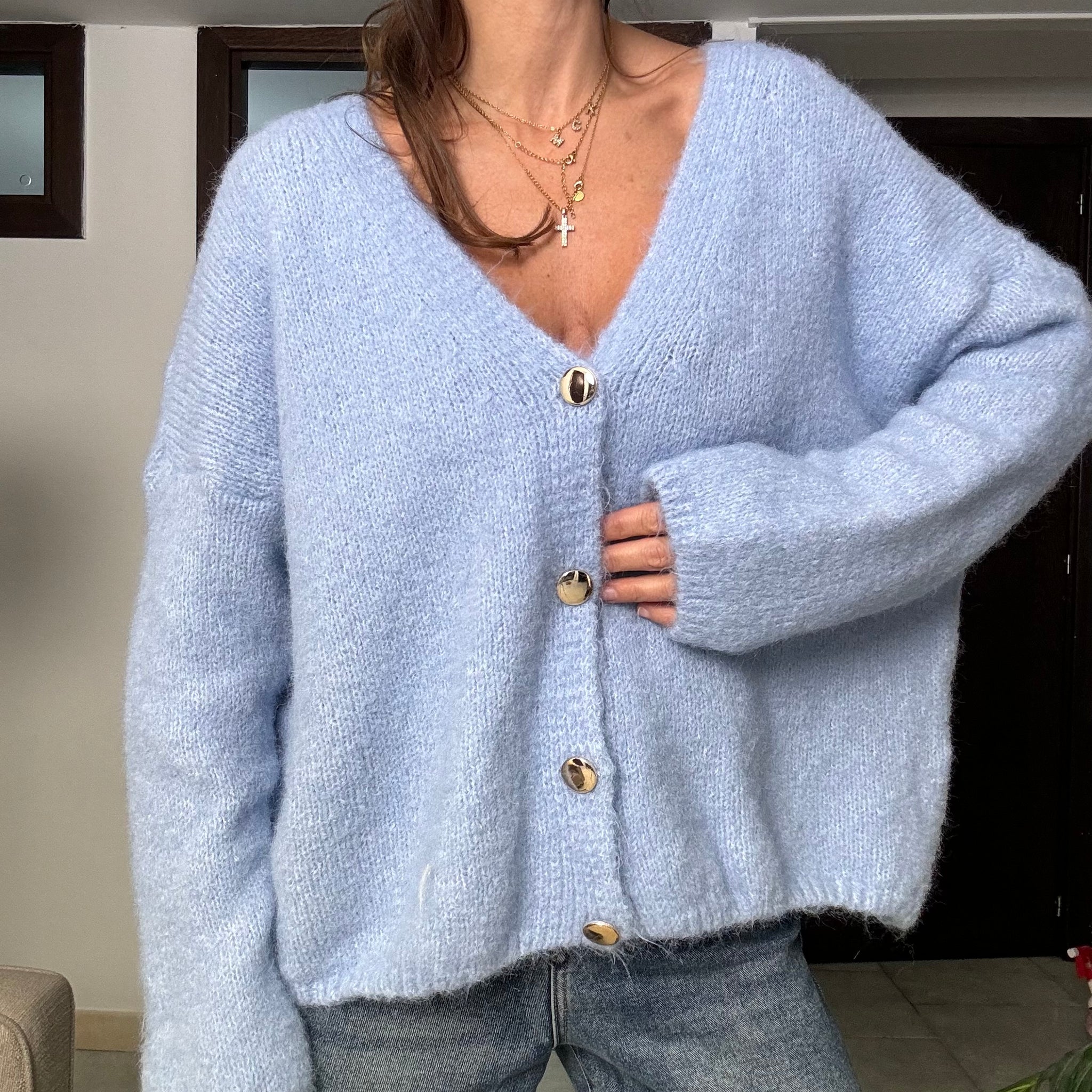 Pullover cardigan azzurro pastello