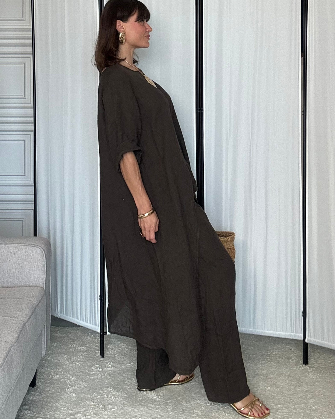 Completo in 100% Lino tunica e pantalone choco Made in Italy