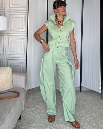 Coordinato 100% cotone gilet cropped e pantalone ballon menta