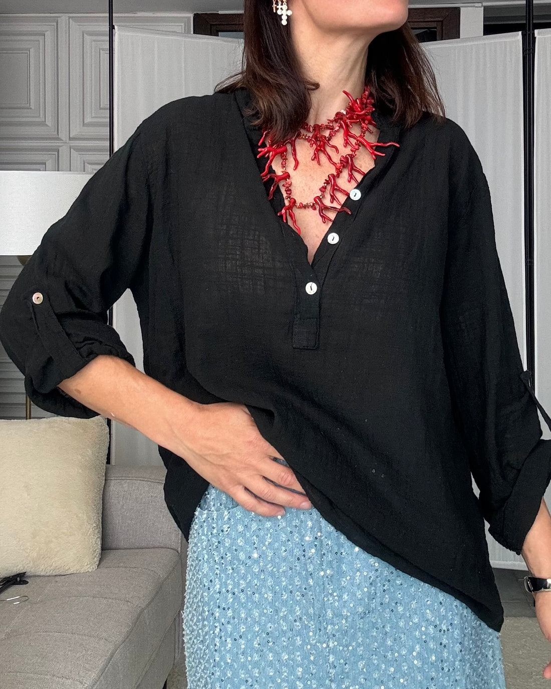 Blusa nera 100% puro cotone effetto Lino