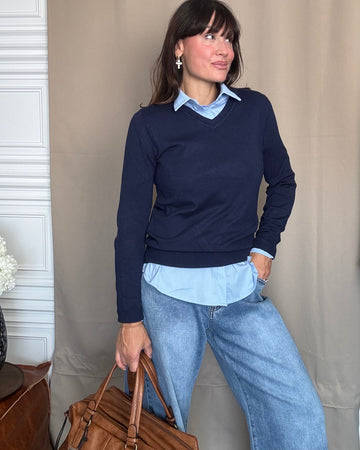 Pullover/sotto giacca caldo viscosa blu collo V