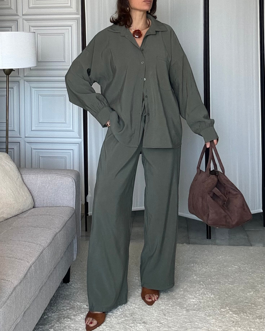 Coordinato set simil Seta Lavata verde salvia scuro