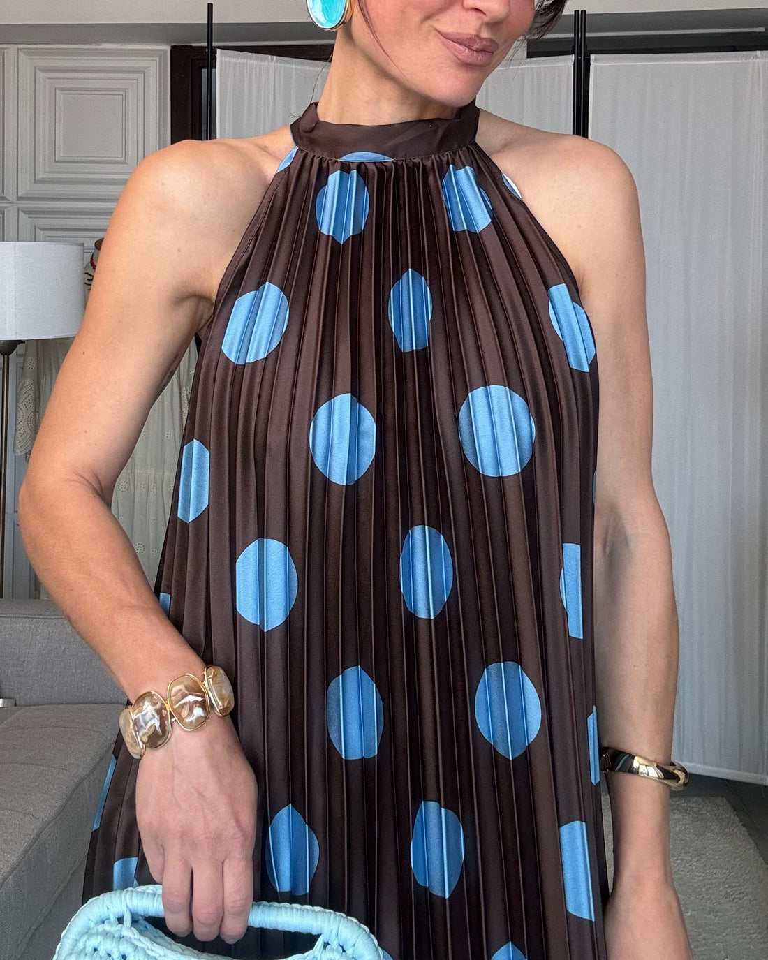 Abito satin plissettato marrone pois turchese