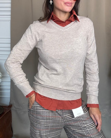Pullover/sotto giacca caldo viscosa beige mélange collo V