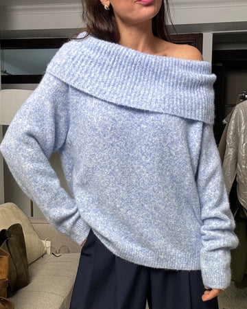 Pullover soffice scollo a barca misto lana azzurro polvere