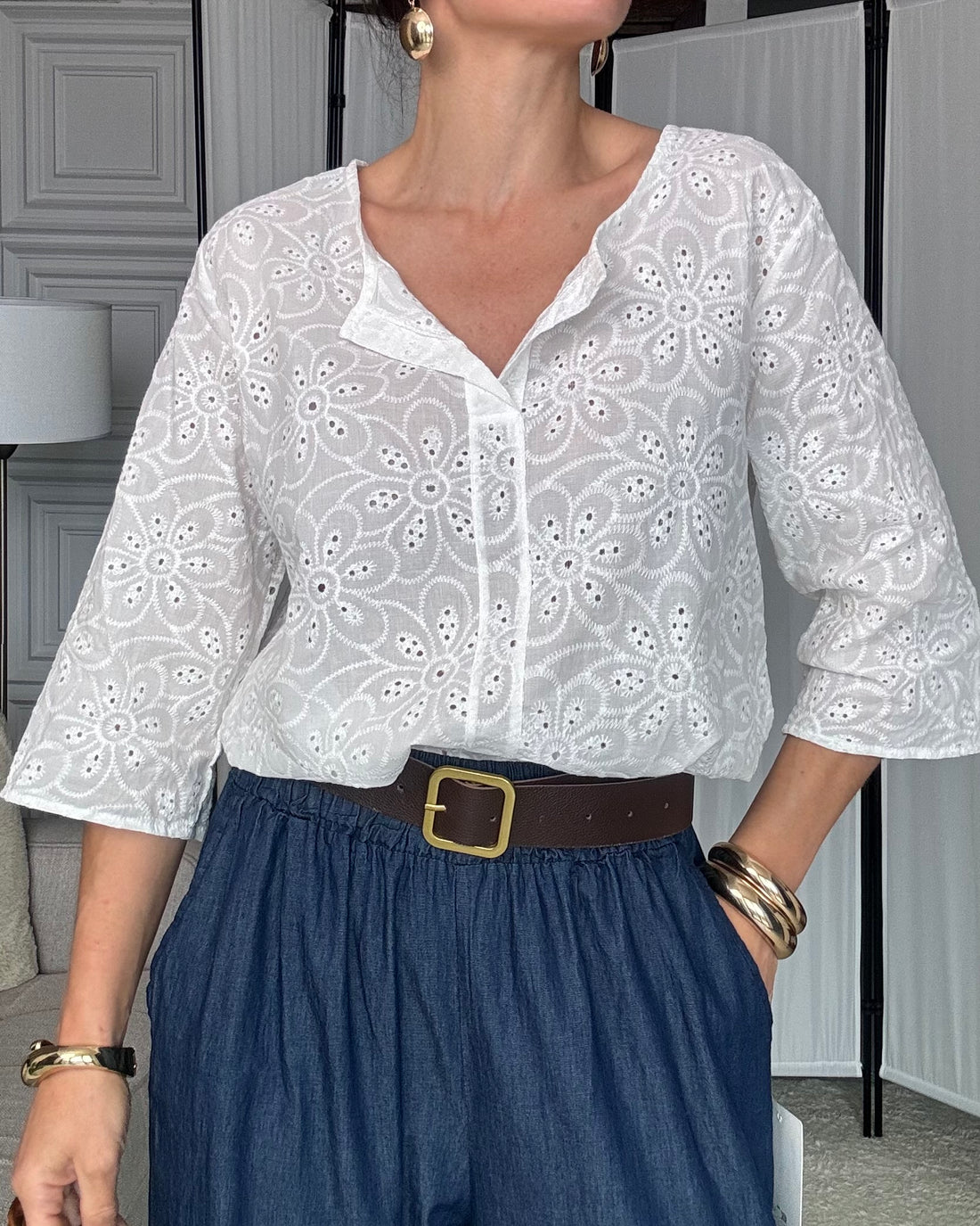 Blusa in ricamo sangallo bianco 100% cotone