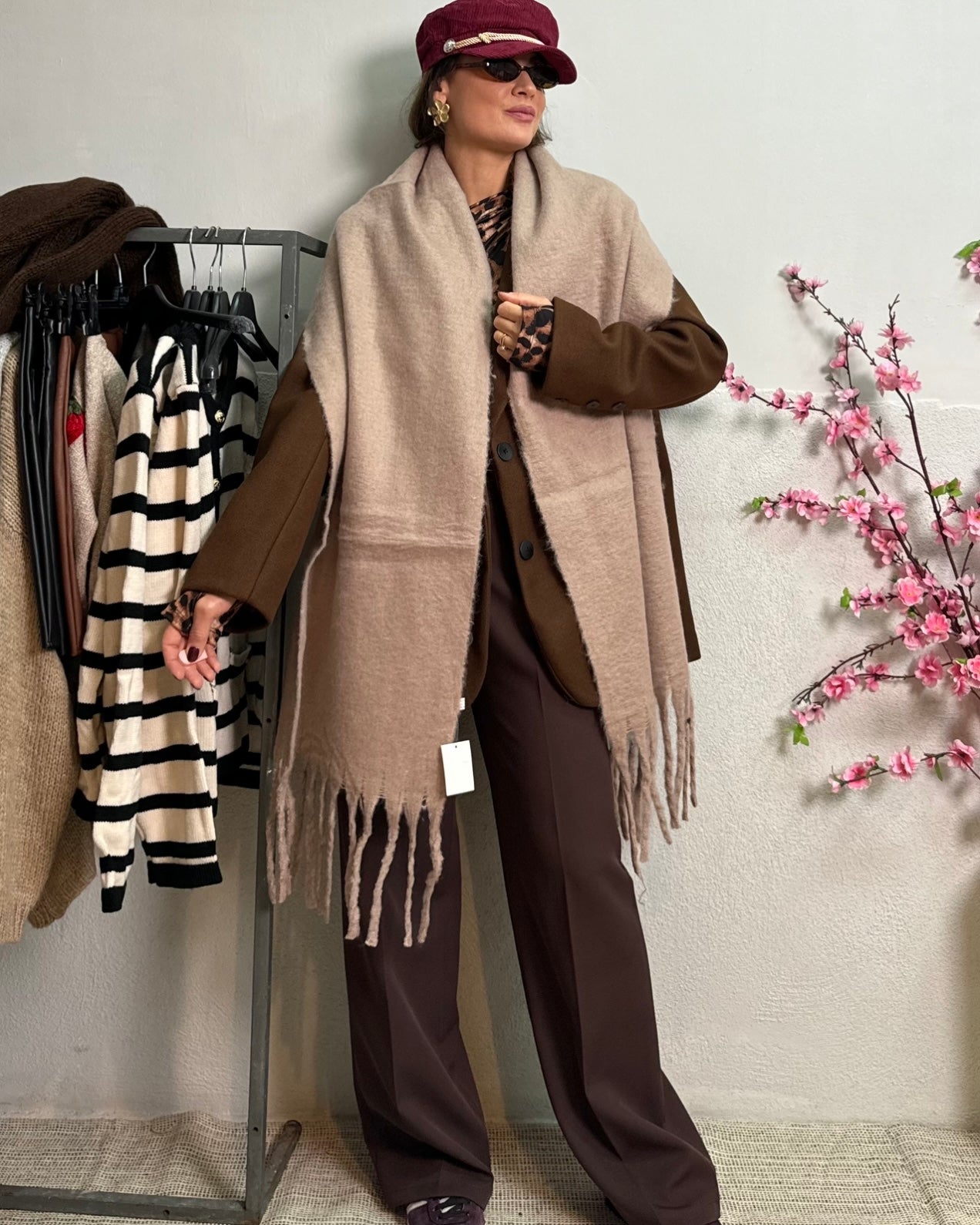 Sciarpa Maxi con frange beige