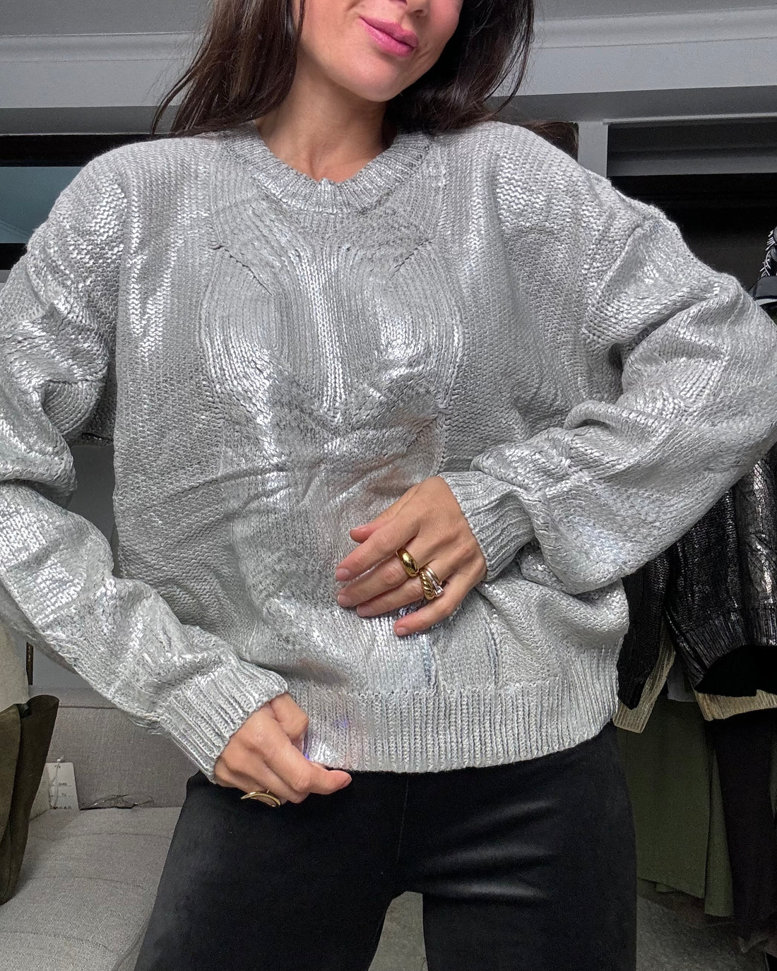 Pullover laminato grigio argento