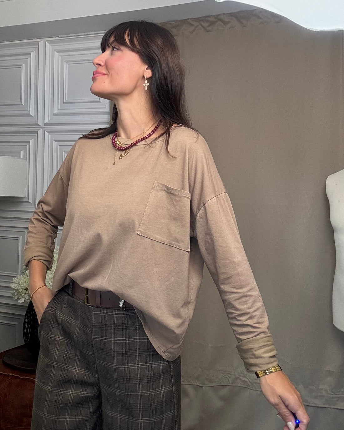 T-shirt con taschino 100% cotone camel