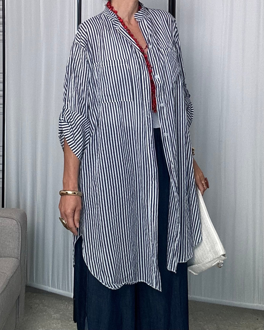 Maxi camicione 100% fresco cotone a righe bianco e blu