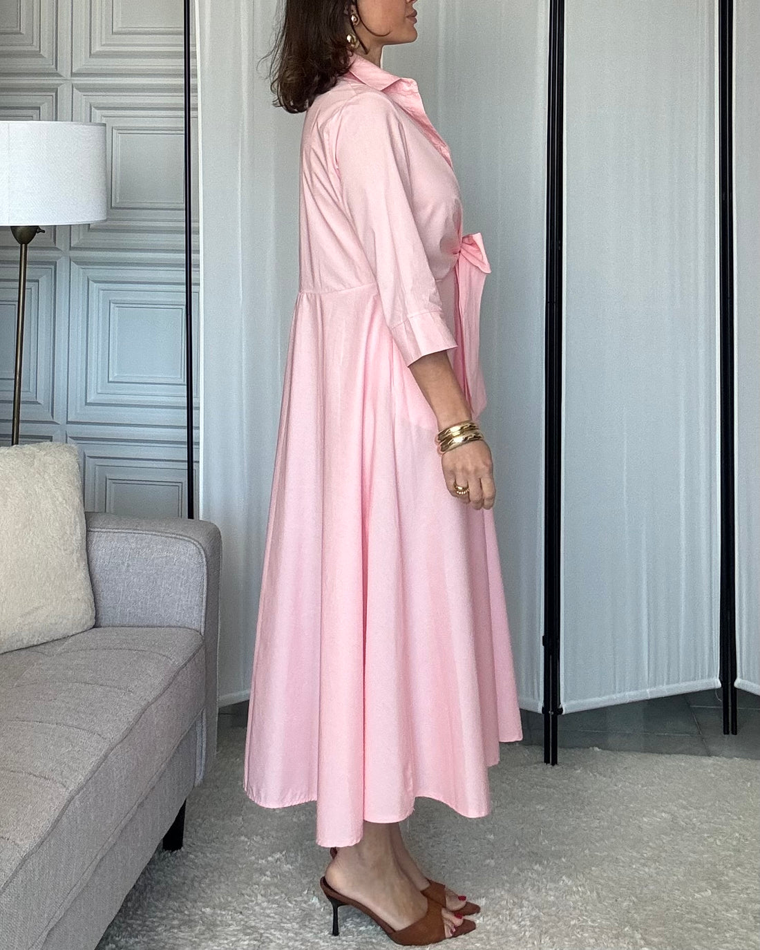 Abito midi chemisiere 100% fresco cotone rosa pesca