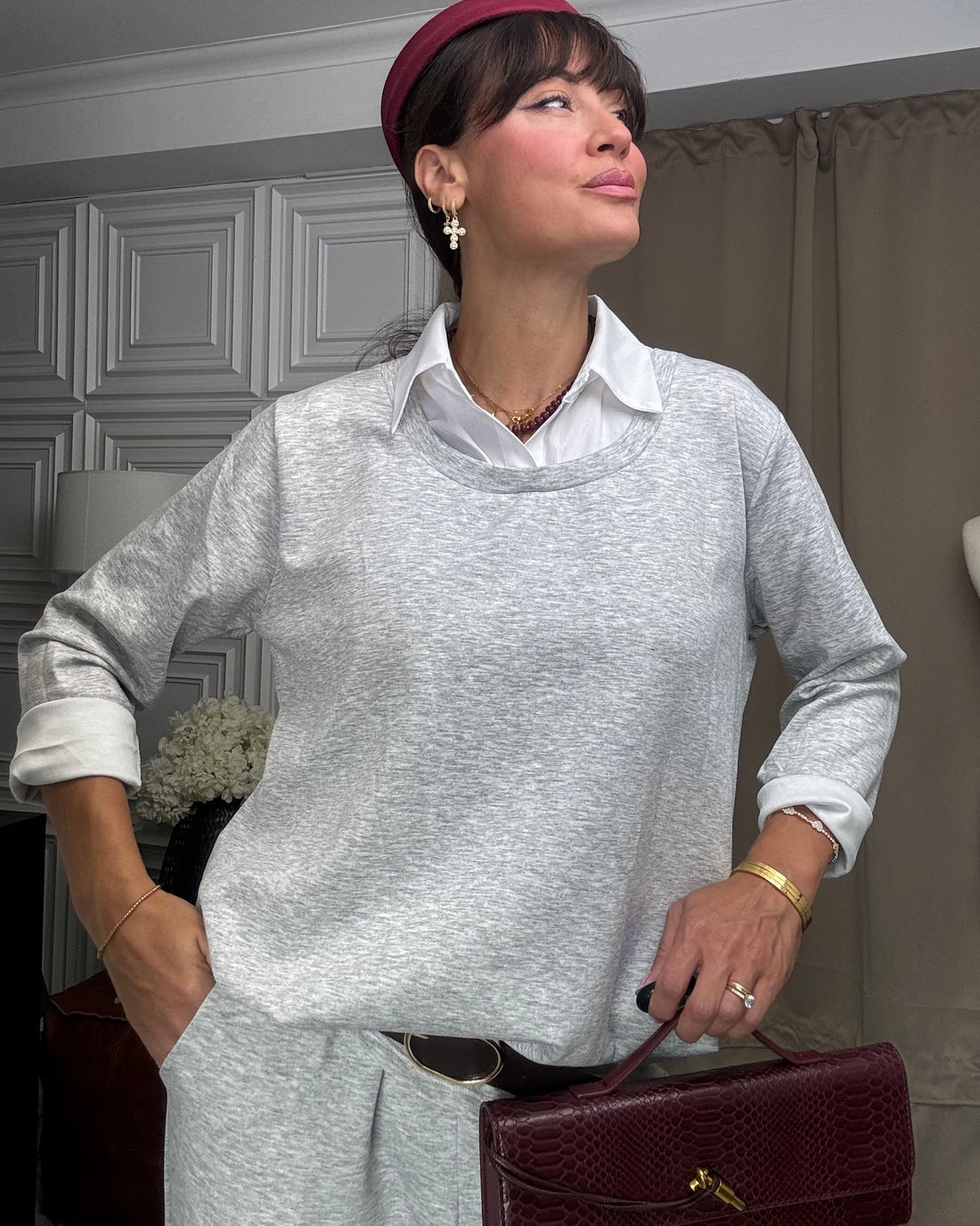Coordinato in Tuta con collo in camicia 100% caldo viscosa grigia