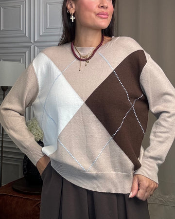 Pullover in calda viscosa a rombi beige
