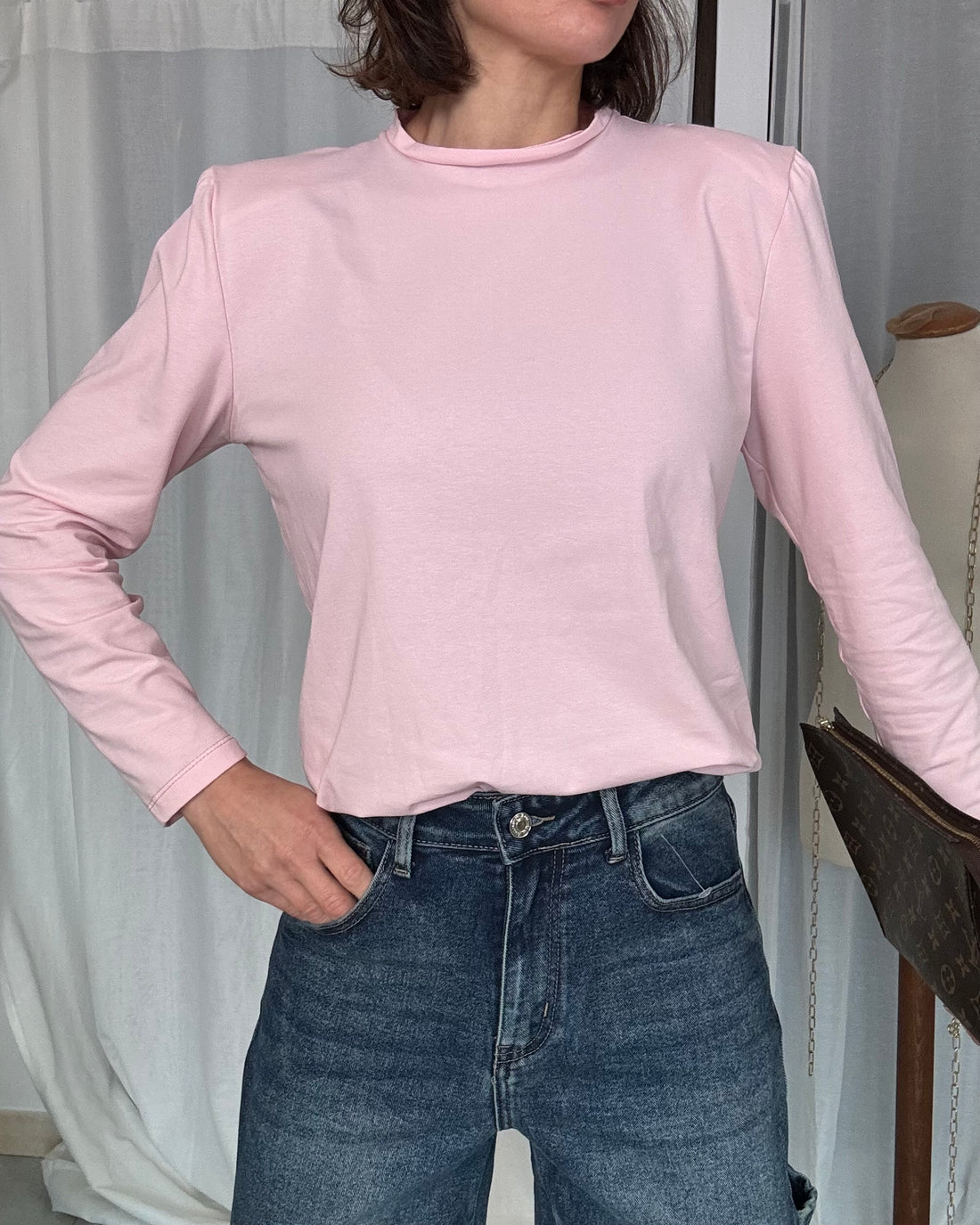T-shirt spalline manica lunga rosa pastello 100% cotone