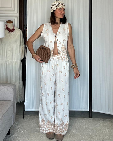 Coordinato Marrakech 35% Lino 58% cotone  “ricamo Tarz Fassi” bianco ricamo oro