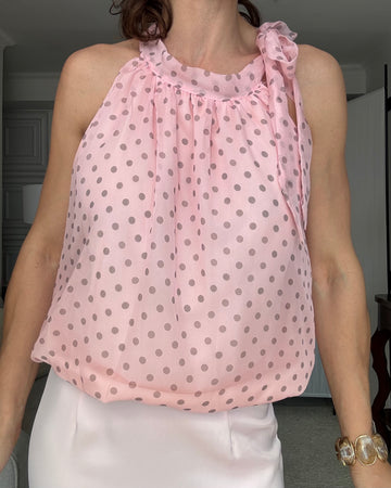 Blusa simil organza rosa pois marrone chiaro