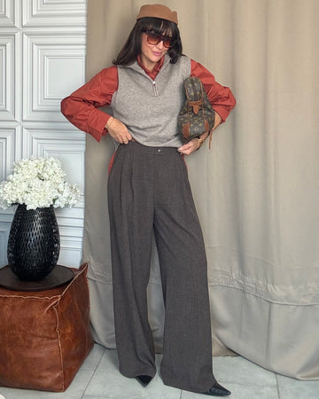 Pantalone taglio classico sartoriale in lanetta spigato marrone