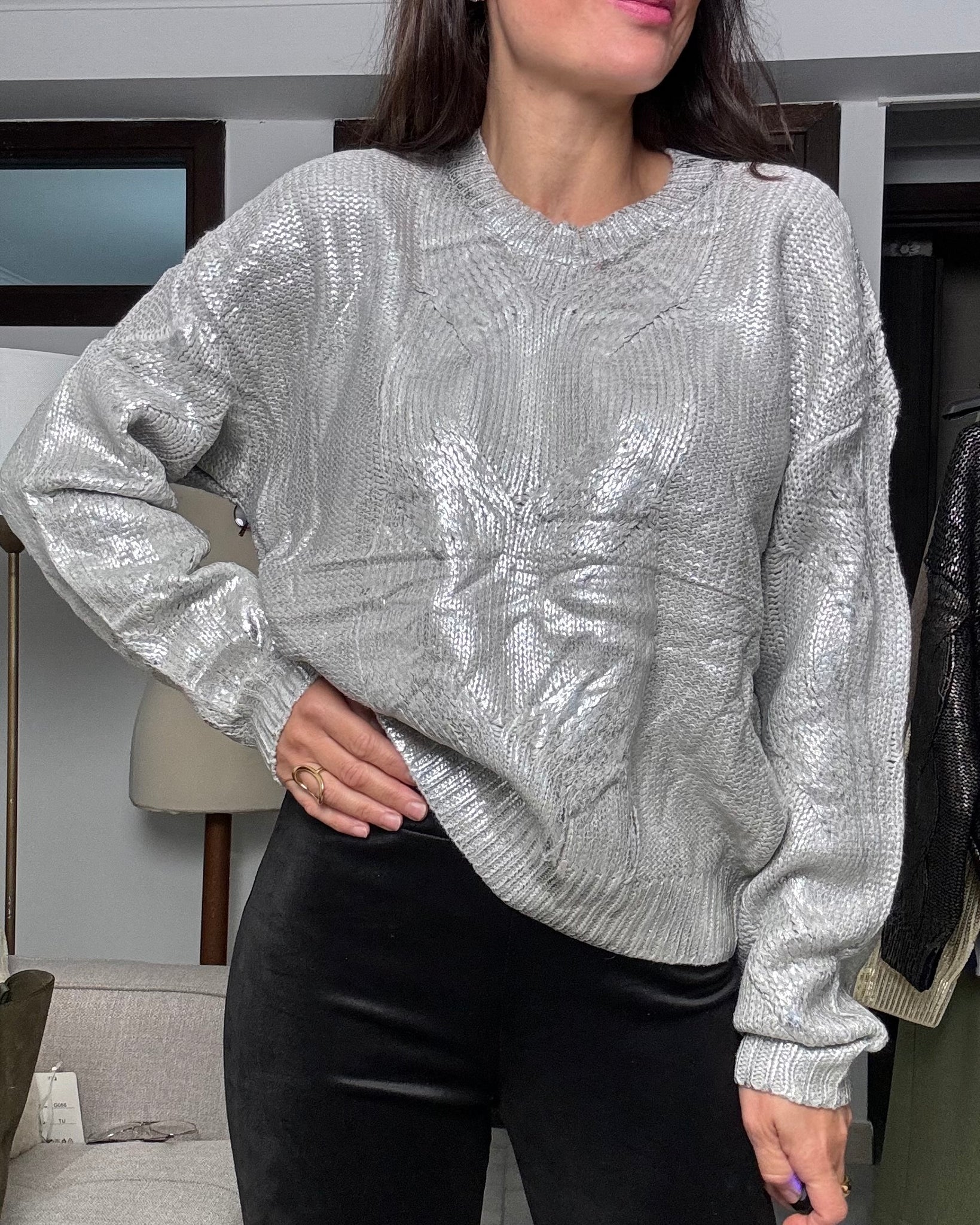 Pullover laminato grigio argento