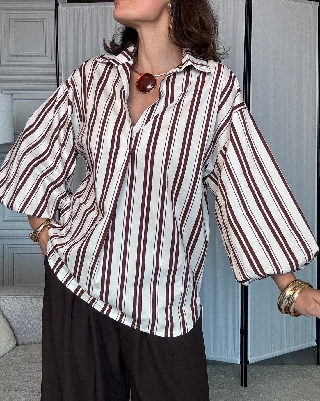 Camicia blusa 100% cotone panna e marrone