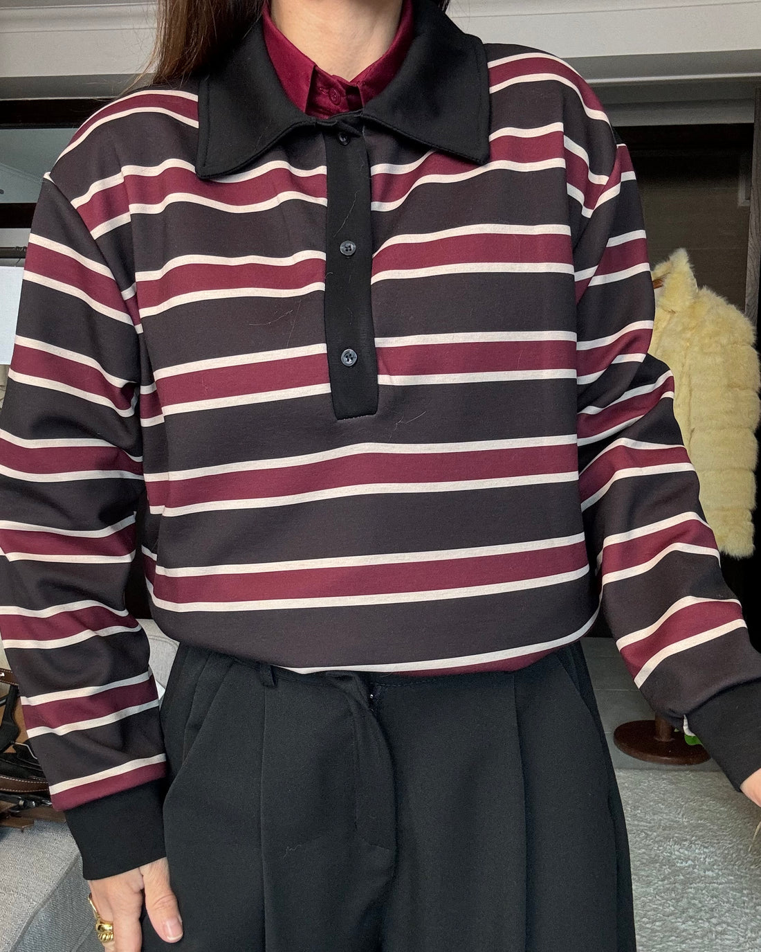 Polo a righe felpata bordeaux, nera e panna