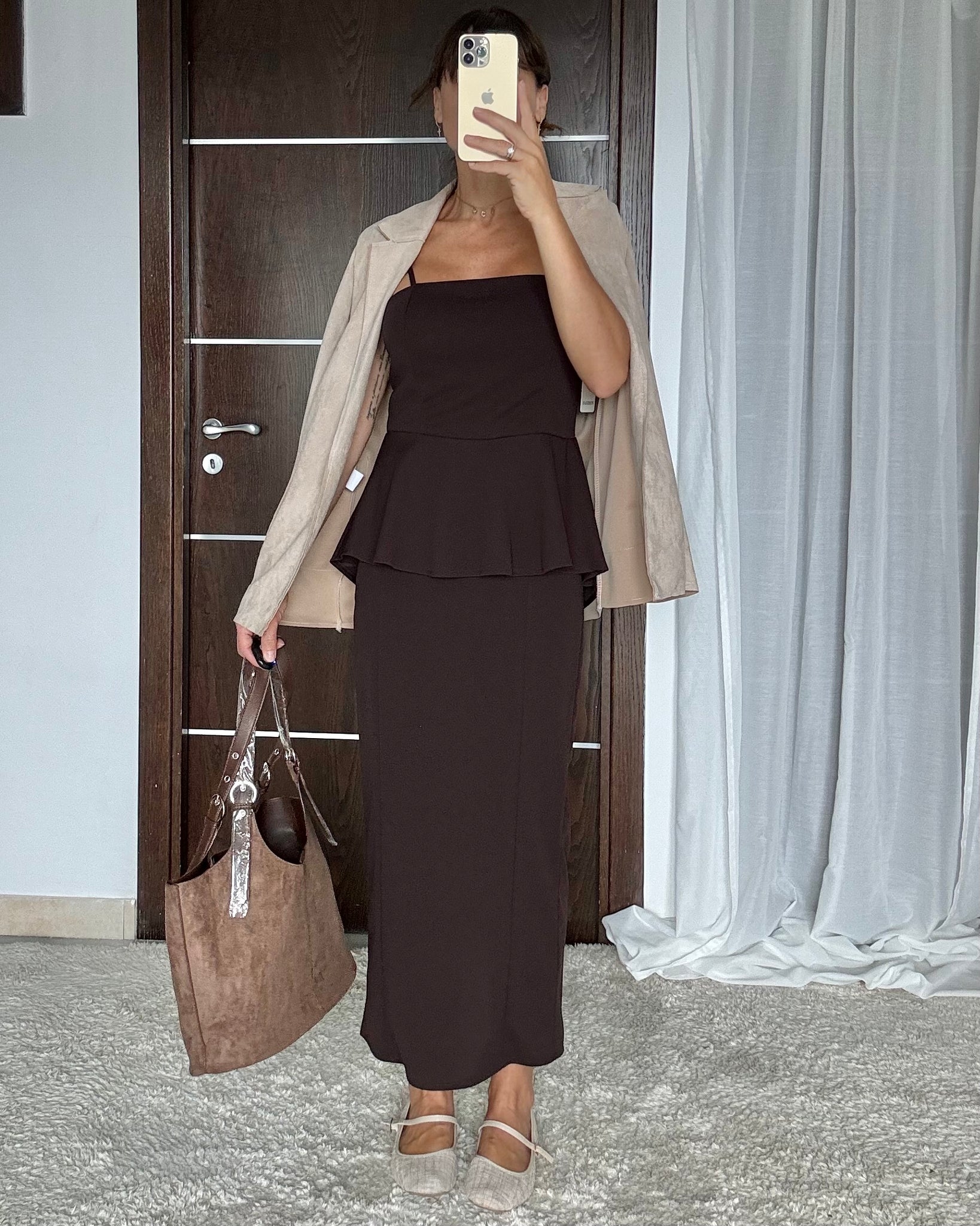 Coordinato due pezzi corpetto e gonna tubino marrone bruciato