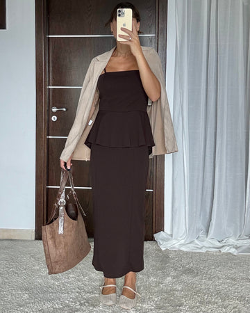 Coordinato due pezzi corpetto e gonna tubino marrone bruciato