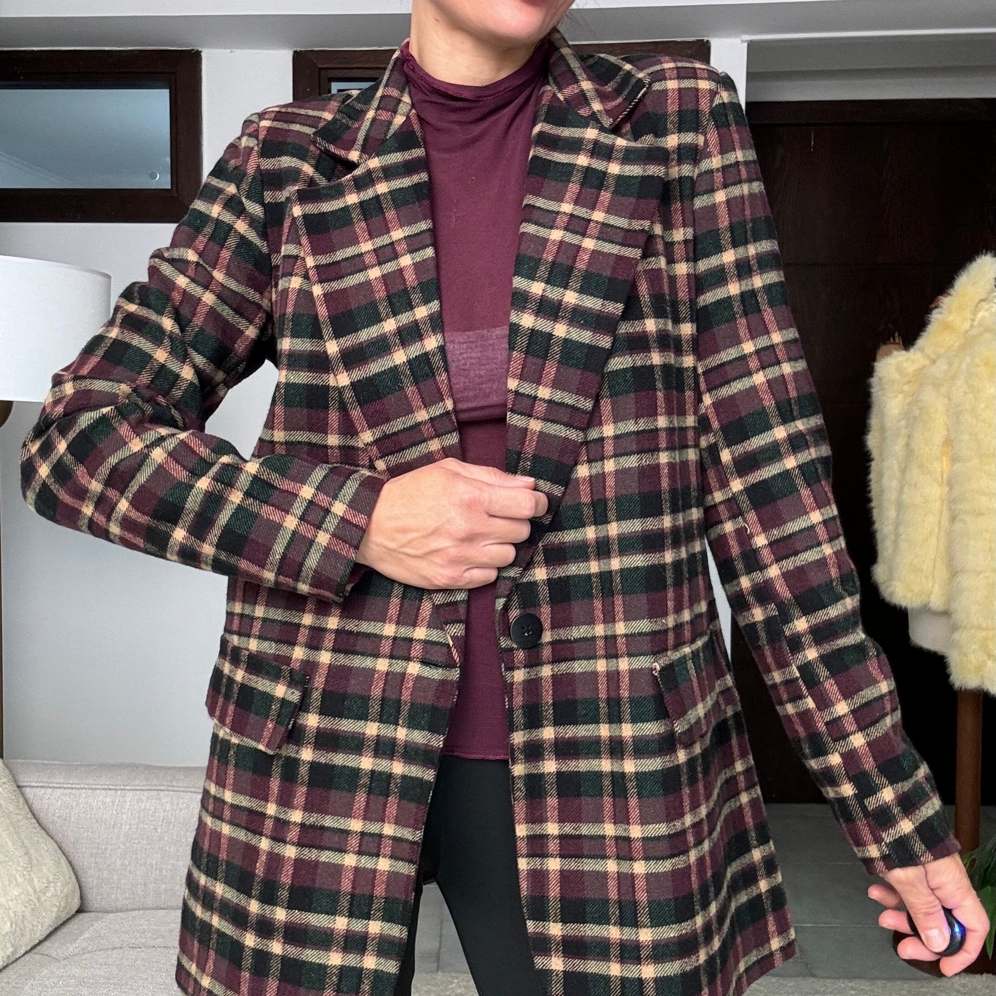 Blazer scozzese panno di lana borgogna