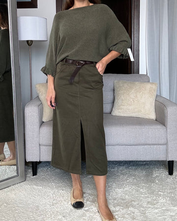 Gonna midi velluto verde oliva