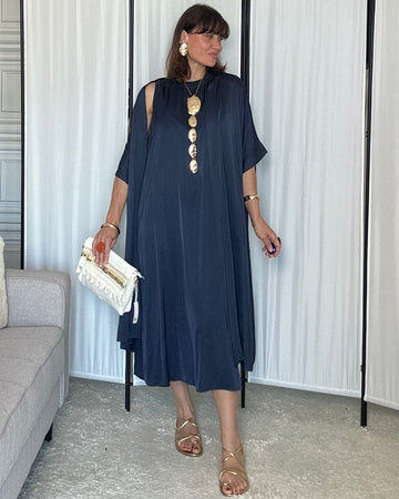 Completo luxury in seta viscosa  abito e spolverino Made in Italy blu