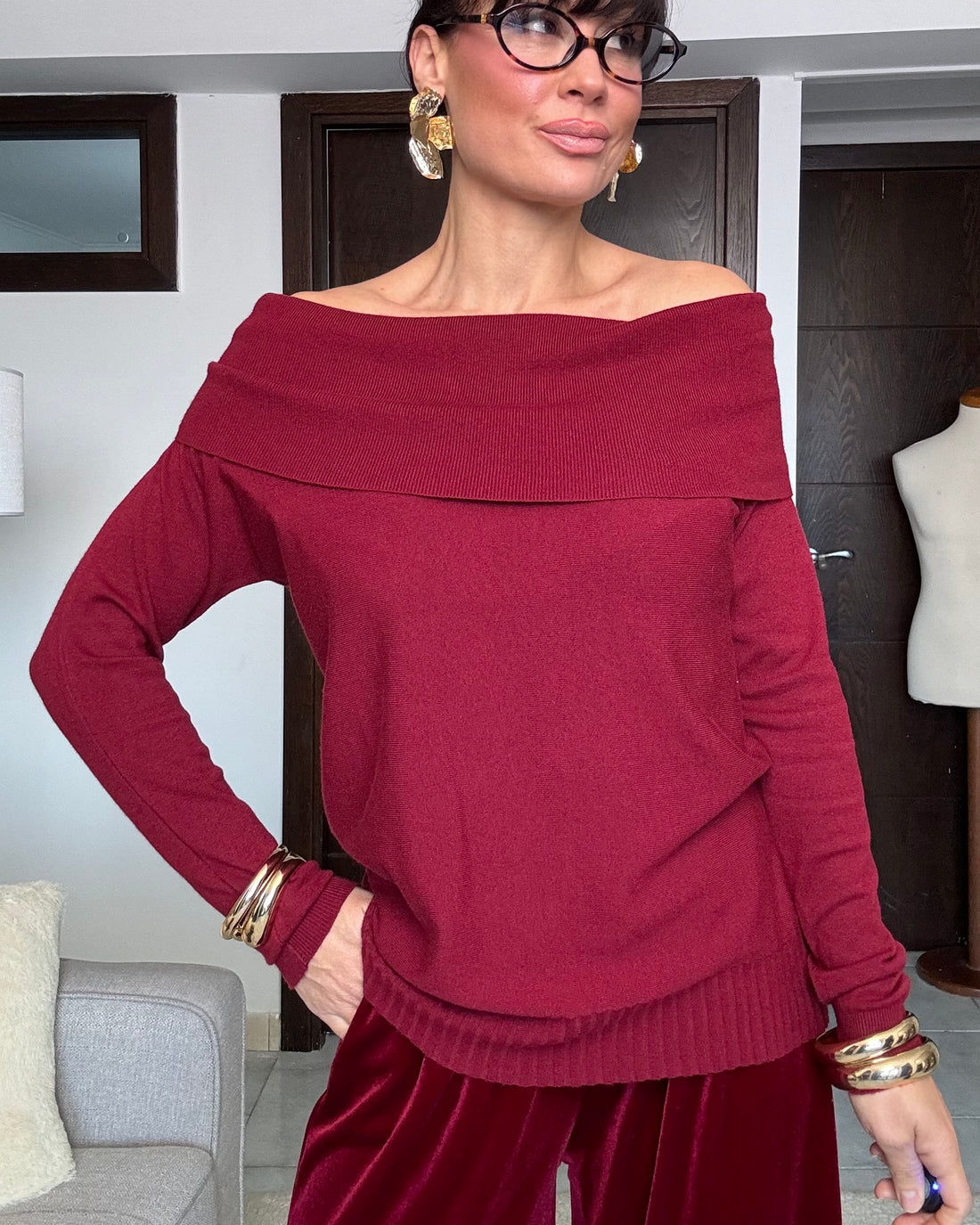 Pullover Navidad bordeaux scollo a barca