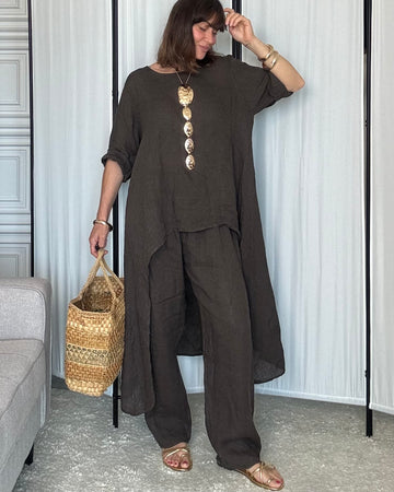 Completo in 100% Lino tunica e pantalone choco Made in Italy