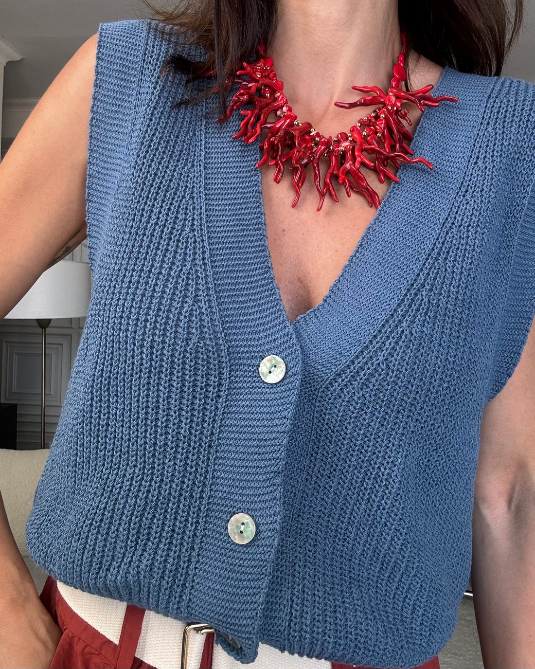 Gilet 100% in filo di cotone blu avio